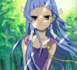  bangs blue_hair blunt_bangs forest hair_tubes kannagi long_hair nagi nature oekaki orie purple_eyes smile sun violet_eyes 