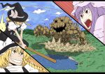  blonde_hair braid broom broom_riding cut-in golem grin hat hat_ribbon highres karu_(ishiken) karu_(pixiv520294) kirisame_marisa lake misty_lake nib_pen nib_pen_(medium) patchouli_knowledge purple_hair red_eyes ribbon scarlet_devil_mansion scenery smile touhou traditional_media witch_hat yellow_eyes 