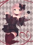  1girl argyle argyle_background black_bow black_hair black_skirt black_wings bow breasts choker cleavage corset detached_sleeves green_eyes grey_hair hair_bow heart heart_of_string holding leg_up long_sleeves microphone okayu_(headless) sanya_v_litvyak short_hair skirt sleeves_past_wrists small_breasts smile solo strike_witches thigh-highs wings zettai_ryouiki 