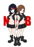  2girls alternate_costume armpit_holster belt black_hair blue_eyes boots breasts brown_eyes brown_hair highres holding_hands holster kill_la_kill mako_(macomaco7) mankanshoku_mako matoi_ryuuko multicolored_hair multiple_girls navel nudist_beach_uniform short_hair streaked_hair utility_belt 