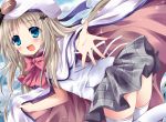  1girl blonde_hair blue_eyes blue_sky blush bow cape clouds fang hat kud_wafter little_busters!! long_hair noumi_kudryavka open_mouth outstretched_hand school_uniform sky smile solo sparkle thigh-highs uguisu_mochi_(ykss35) very_long_hair white_legwear zettai_ryouiki 