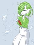  1girl bangs bare_shoulders blue_background bob_cut bubble closed_eyes collarbone colored_skin commentary_request eyebrows_visible_through_hair gardevoir gen_3_pokemon green_hair green_shirt hair_between_eyes hair_over_one_eye hands_up long_sleeves monochrome muguet off_shoulder parted_lips pokemon pokemon_(creature) shirt short_hair simple_background skirt solo standing teeth white_skin white_skirt 