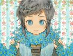  1boy black_hair blue_eyes floral_background flower kumako_(sono328) male_focus mole mole_under_eye scarf smile touken_ranbu yamato-no-kami_yasusada 