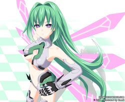  1girl breasts choujigen_game_neptune green_hair green_heart keenh long_hair looking_at_viewer neptune_(series) ponytail solo symbol-shaped_pupils vert violet_eyes wings 