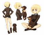 1girl ass blonde_hair blue_eyes bob_cut brown_hair dachshund dog erica_hartmann from_behind holding holding_animal indian_style kodamari military military_uniform multicolored_hair panties short_hair simple_background sitting solo strike_witches two-tone_hair underwear uniform white_background white_panties 
