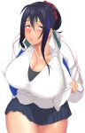  black_eyes black_hair breasts cleavage hakai_shin highres huge_breasts lips long_hair looking_at_viewer mole shirt simple_background skirt sweatdrop thighs track_jacket white_shirt 