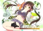  1girl :q alternate_hairstyle anko_(gochuumon_wa_usagi_desuka?) badge blush breasts brown_hair button_badge camouflage copyright_name dog_tags flower glint gochuumon_wa_usagi_desu_ka? green_eyes hair_flower hair_ornament highres holding jacket koi_(koisan) long_hair midriff navel off_shoulder official_art open_clothes open_jacket smile sparkle thigh_strap tongue tongue_out twintails ujimatsu_chiya water_droplets water_gun 