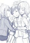  3girls anastasia_(idolmaster) comic english hinagi_(fox_priest) idolmaster idolmaster_cinderella_girls long_hair monochrome multiple_girls nitta_minami open_mouth short_hair smile takagaki_kaede yuri 