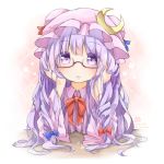  1girl blush bow clown_222 crescent_hair_ornament elbow_rest glasses hair_bow hair_ornament hat long_hair open_mouth patchouli_knowledge purple_hair solo touhou very_long_hair violet_eyes 