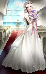  1girl blush bouquet brown_hair church dress earrings flower gown highres jewelry long_hair pointy_ears princess_zelda smile solo the_legend_of_zelda triforce twilight_princess veil wasabi_(legemd) wedding_dress 