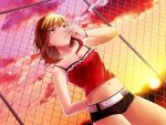 1girl against_fence arm_behind_back audrey_belrose belt blonde_hair bracelet brown_hair camisole chain-link_fence cigarette cutoffs delinquent dutch_angle fence game_cg highres hunie_pop jewelry midriff multicolored_hair navel ninamo red_eyes short_hair short_shorts shorts small_breasts smoke smoking solo spaghetti_strap sunset two-tone_hair white_belt 