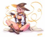  1girl bare_legs black_gloves boots breasts cape cleavage dress gloves hat indian_style jjune large_breasts original pink_eyes ribbon shirt silver_hair sitting solo witch_hat yellow_dress 