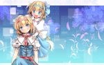  2girls alice_margatroid alice_margatroid_(pc-98) blonde_hair blue_background blue_bow blue_dress blue_eyes blush bow capelet culter dress dual_persona eyelashes hair_ribbon hairband hand_on_head hand_on_shoulder head_tilt highres multiple_girls open_mouth puffy_sleeves red_ribbon ribbon sash shirt short_hair short_sleeves sitting skirt smile suspenders time_paradox touhou touhou_(pc-98) wallpaper 