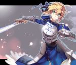  1girl blonde_hair bow breastplate dress ege_(597100016) excalibur fate/stay_night fate_(series) gauntlets green_eyes hair_bow highres letterboxed saber solo sword weapon 