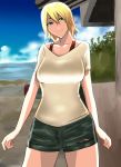  1girl blonde_hair breasts green_eyes koujun_(mugenzero) short_hair short_shorts shorts smile solo summer_lesson thighs 