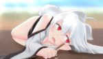  1girl animal_ears bare_shoulders blush breasts cleavage detached_sleeves fang inubashiri_momiji looking_away lying marusan open_mouth red_eyes short_hair silver_hair solo tail touhou wolf_ears wolf_tail 