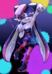  1girl :d absurdres aori_(splatoon) bare_shoulders black_hair closed_eyes detached_collar earrings fangs food food_on_head full_body gloves highres jewelry leg_up long_hair object_on_head open_mouth pantyhose pointy_ears puchiman red_legwear smile solo splatoon sushi tentacle_hair unitard white_gloves 