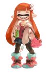  1girl absurdres alternate_costume boots closed_eyes commentary_request dango domino_mask eyebrows fangs food fruit hair_ornament hairpin highres hoodie inkling jajji-kun_(splatoon) minato_(minat0) orange pantyhose pointy_ears skirt smile soda_can splatoon tentacles thick_eyebrows wagashi 