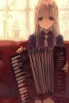 1girl accordion blonde_hair garuku highres instrument long_hair looking_at_viewer original smile solo 