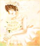  1girl bridal_veil bride brown_hair dress flower happy jewelry psycho-pass ring sasakura34 short_hair smile tsunemori_akane veil wedding_dress 