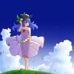  1girl alternate_costume bare_shoulders barefoot blue_hair blue_sky blush bracelet clouds collarbone dress food fruit grass hand_on_headwear highres hinanawi_tenshi jewelry long_hair looking_to_the_side peach petite red_eyes see-through_silhouette sheer_clothes sky small_breasts smile solo strapless_dress tanasuke touhou walking wind 