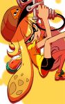  1girl baseball_cap bike_shorts hat highres inkling nintendo orange_eyes orange_hair pointy_ears shoes sneakers sonson_(eleven) splatoon super_soaker t-shirt tentacle_hair 