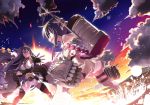  2girls bare_shoulders black_hair braid clouds elbow_gloves gloves hairband headgear kantai_collection kazekawa_nagi kitakami_(kantai_collection) long_hair multiple_girls nagato_(kantai_collection) ocean red_eyes school_uniform serafuku skirt sky sunset thigh-highs torpedo turret 