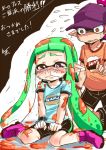  2girls aori_(splatoon) baseball_cap blush crying crying_with_eyes_open food_in_mouth frown green_hair hat inkling long_hair mask mouth_hold multiple_girls navel pointy_ears red_eyes rice rice_bowl shirotake_jinan shirt sitting snot splatoon super_soaker tears tentacle_hair toast toast_in_mouth translation_request violet_eyes wavy_mouth 