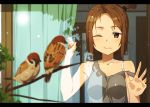  1girl bird blurry blush bra_strap brown_eyes brown_hair curtains depth_of_field eurasian_tree_sparrow hair_ornament hairclip kinta_(distortion) letterboxed one_eye_closed original short_hair side_ponytail small_breasts solo sparrow strap_slip tank_top tree_branch window 