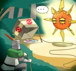  ... armor artist_request box bush cardboard_box crossover dark_souls drop_trap feathers food forest helmet hiding knight nature plate pokemon pokemon_(creature) pokepuff rope solaire_of_astora solrock souls_(from_software) speech_bubble sweatdrop tagme tree 