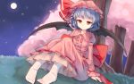  1girl bat_wings blue_hair cherry_blossoms full_moon hat moon red_eyes remilia_scarlet shone short_hair solo touhou wings 