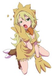  1girl blonde_hair breasts chocobo cleavage final_fantasy gloves green_eyes highres hoshii_miki idolmaster kijouyu_udon long_hair looking_at_viewer open_mouth simple_background solo tears white_background yawning 