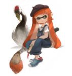  absurdres alternate_costume beret bird book bookmark brush commentary_request denim domino_mask eyebrows fang green_eyes hat highres inkling minato_(minat0) orange_hair overalls pointy_ears ribbon sitting splatoon tentacle_hair thick_eyebrows 