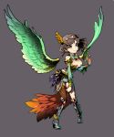  1girl black_hair blue_eyes breasts cleavage cleavage_cutout detached_wings earrings faulds feathered_wings feathers full_body headband jewelry long_hair original single_thighhigh solo steward_b thigh-highs wings 
