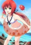  1girl bikini green_eyes highres long_hair octopus original ponytail popsicle redhead swimsuit takocha watermelon_bar 