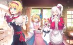  4girls :d alice_margatroid alice_margatroid_(pc-98) apron blonde_hair blue_eyes blush breasts cabinet capelet chair chocolate chocolate_making cleavage culter curtains door dress dual_persona eyelashes frying_pan hair_bobbles hair_ornament hairband hands_together highres index_finger_raised kitchen long_hair long_sleeves mixing_bowl multiple_girls one_side_up open_mouth pantyhose pink_apron pointing pointing_up ribbon shanghai_doll shinki short short_hair short_sleeves side_ponytail silver_hair sliding_doors smile spatula sweatdrop table time_paradox touhou touhou_(pc-98) wallpaper window 