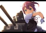  1girl blue_eyes cannon gloves hair_ribbon kantai_collection kinta_(distortion) letterboxed machinery pink_hair ponytail ribbon school_uniform shiranui_(kantai_collection) short_hair short_sleeves simple_background solo upper_body vest white_background white_gloves 