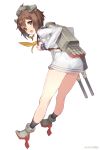  1girl artist_name backpack bag blush brown_eyes brown_hair commentary_request from_behind hair_ornament headgear kantai_collection leaning_forward looking_back mika_pika_zo open_mouth panties sailor_dress see-through short_hair solo underwear yukikaze_(kantai_collection) 