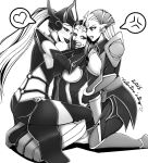  3girls armor breasts cleavage covering_mouth diana_(league_of_legends) ear_protection fang forehead_protector helmet league_of_legends leona_(league_of_legends) long_hair monochrome mouth_hold multiple_girls short_hair syndra thigh-highs tsugumi_(artist) valentine yuri 