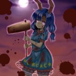  1girl blood blood_on_face blood_stain blue_hair full_moon highres ko-santsu low_twintails mallet moon moonlight seiran_(touhou) solo touhou twintails violet_eyes 