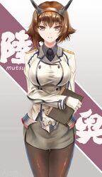  1girl absurdres aiovia gloves green_eyes hairband highres kantai_collection katori_(kantai_collection) katori_(kantai_collection)_(cosplay) mutsu_(kantai_collection) notebook smile solo uniform 