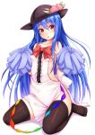  1girl apron black_legwear blue_hair blush bow ebi_193 hinanawi_tenshi long_hair looking_at_viewer naked_apron open_mouth pom_poms red_eyes revision simple_background sitting small_breasts solo strap_slip thigh-highs touhou wariza white_background 
