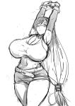  1girl 774_(nanashi) arms_up belt breasts cleavage final_fantasy final_fantasy_vii huge_breasts long_hair monochrome one_eye_closed sketch skirt solo thick_thighs thighs tifa_lockhart very_long_hair 