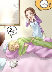  1boy 1girl alarm_clock apron bed blonde_hair blush brown_hair clock closed_eyes late link pajamas pointy_ears princess_zelda short_hair sleeping spoken_clock sweat the_legend_of_zelda twilight_princess wasabi_(legemd) 