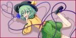  1girl blush bow commentary_request elbow_rest green_eyes green_hair hat hat_bow heart heart_of_string komeiji_koishi leg_lift looking_back lying mono_(mono60) on_stomach open_mouth solo third_eye touhou 