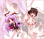  2girls animal_ears barefoot black_hair blazer brown_eyes chibi commentary_request hotbuggy inaba_tewi jewelry long_hair multiple_girls necklace open_mouth pink_hair rabbit_ears red_eyes reisen_udongein_inaba touhou very_long_hair 