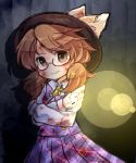  1girl bow brown_eyes brown_hair bruise checkered checkered_skirt checkered_vest dirty_clothes frown glasses grey_background hat hat_bow injury lens_flare low_twintails pote_(ptkan) red-framed_glasses self_hug skirt solo sweatdrop tears touhou twintails usami_sumireko wavy_mouth 