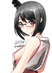  1girl bespectacled black-framed_glasses black_hair breasts dated glasses headgear highres kantai_collection looking_at_viewer nekobaka red_eyes semi-rimless_glasses short_hair sideboob solo twitter_username under-rim_glasses upper_body yamashiro_(kantai_collection) 