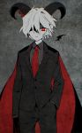  1boy black_gloves black_suit business_suit cape chromatic_aberration demon_boy demon_horns genderswap gloves grey_background grey_hair greyscale haiiro_teien hair_over_one_eye hand_in_pocket horn_piercing horns io_(sinking=carousel) looking_at_viewer mini_wings monochrome necktie piercing red_eyes red_necktie reficul shaded_face simple_background solo spot_color standing staring 