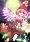  1girl blush bow dress full_moon hat highres looking_at_viewer microphone moon musical_note mystia_lorelei open_mouth pink_hair reaching_out short_hair singing smile snowcanvas solo sparkle touhou wings yellow_eyes 